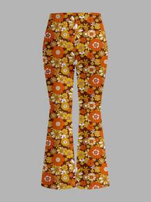 SHEIN MOD Plus Size Women Floral Print Elastic Waist Flare Pants, Casual Suitable For Going Out