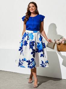 Ellevyn Conjunto de talla grande de dos piezas elegante para ocasiones festivas: blusa de cuello redondo con puños con volantes de color liso y falda larga y de cintura alta con estampado de rosas - Azul - Ver 6