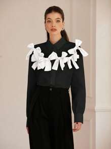 GENKIRA 法式风格甜美浪漫双色 3D 蝴蝶结装饰女童长袖衬衫女士秋季衬衫，节日派对服装可爱有趣的纽扣衬衫女士 - 彩色 - 查看 4