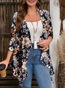 EMERY ROSE Plus Size Women's Khaki Ditsy Floral Long Sleeve Jacket, Suitable For Spring & Autumn