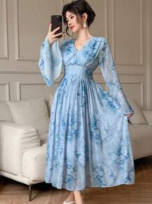 DAZY Spring Floral V-Neck Ruffle Hem Mid-Length Dress For Women,Fall Dress Long Sleeve Dress Easter - Blue - View 7