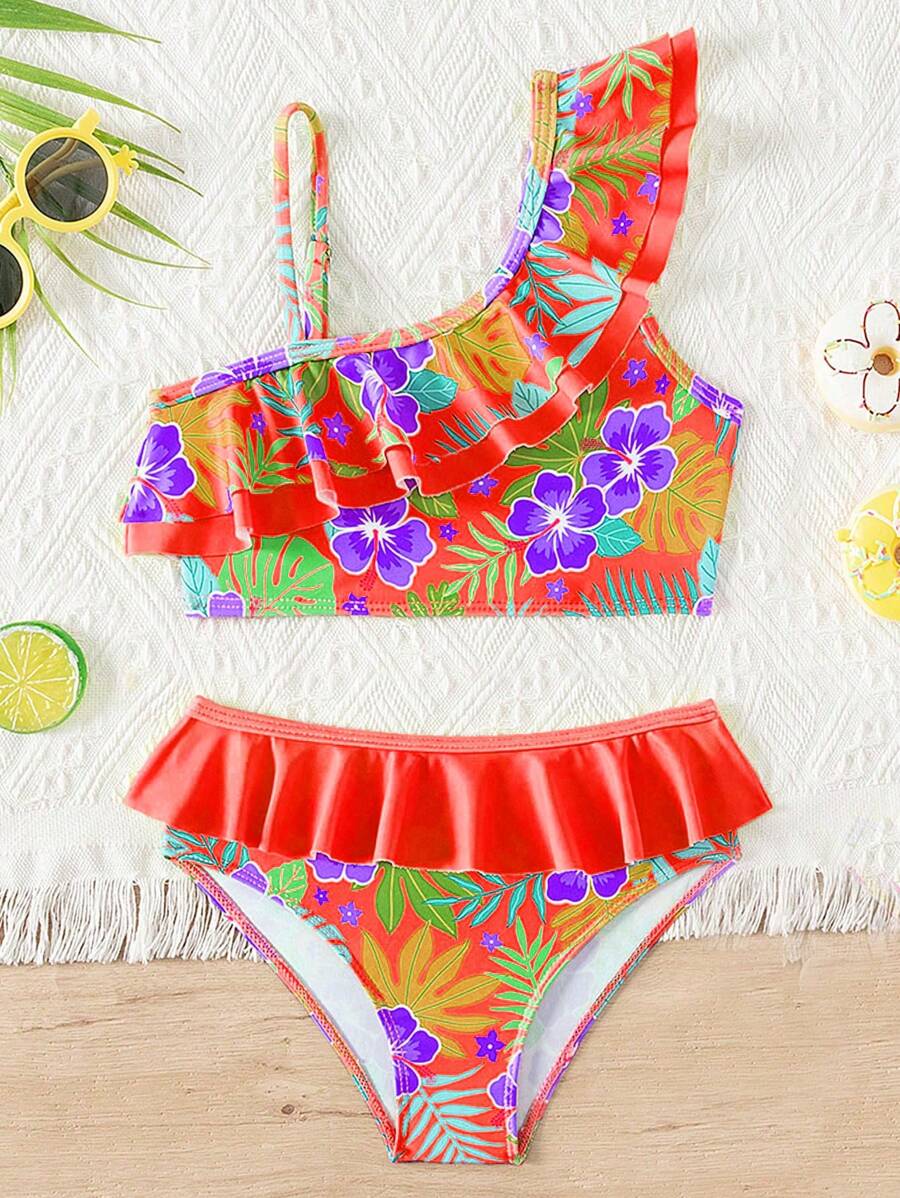 Young Girl Tropical Plant Print Ruffled Asymmetric Collar Bikini Set - Coral Orange - View 1