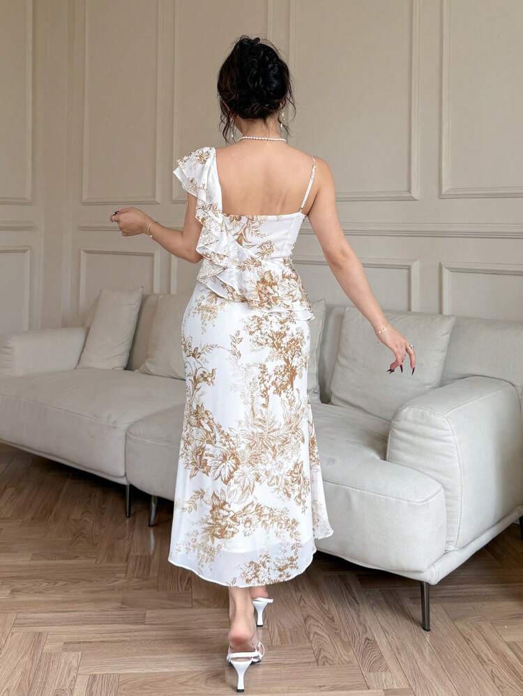 Women Floral V-Neck Asymmetric Ruffle Hem Mid-Length Dress Vacation Outfits Women Easter Boho