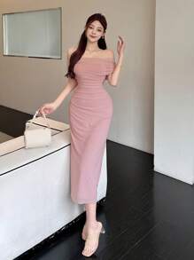 DAZY Off Shoulder Solid Ruched Side Mesh Overlay Homecoming Dress Elegant Sundress,Dress For Wedding