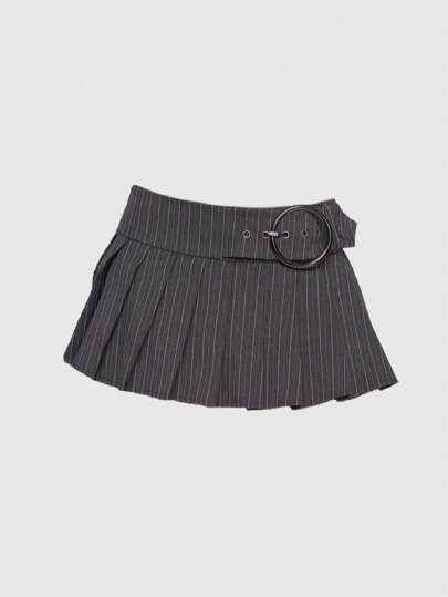 Grunge Punk Spring Break Concert: Women Vintage Punk Music Festival Rave, Striped Mini Skirt With Ruffles And Metal Accessories