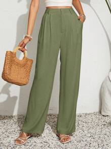 SHEIN VCAY Women's Solid Color Pleated Wide Leg Loose Casual Pants, Versatile