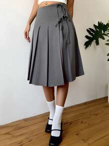 SHEIN EZwear 纯色蝴蝶结百褶裙，夏季女士度假外出日常穿着音乐节，简约通勤极简主义风格。 - 灰色 - 查看 4