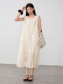 DAZY Women's Linen Minimalistic Tie-Up Slit A-Line Sleeveless Midi Dress Old Money Style,Casual Women Dresses Business Casual Woman Work Clothes - Beige - View 6