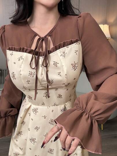 Modelyn Elegantes Kleid für Frauen mit französischen Laternenschärmeln, Ditsy Blumen Patchwork aus Chiffon