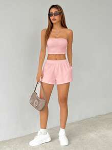 SHEIN PETITE Women's Solid Color Casual Two Pieces Set - Pink - View 5