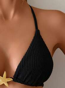 SHEIN Swim Top de bikini con contraste de textura negro y blanco, emparejado con accesorios dorados, traje de baño sexy de verano con taza triangular para adultos