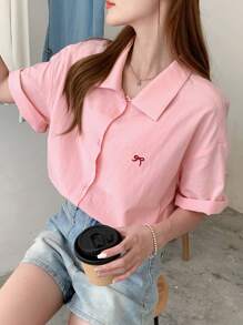 DAZY Women's Summer Oversized Bowknot Printed Drop Shoulder Casual Shirt,Short Sleeve Tops - Pink - View 3