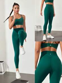 GLOWMODE 24" Powersculpt™ Flattering Butt Seam Reflective Hem Leggings High Impact Workout Running Training Gym - Dark Green - View 8
