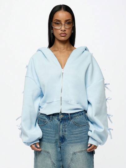 SUMWON WOMEN Sudadera corta premium de verano con detalle de lazo decorativo en la manga, ropa casual de moda urbana, ropa deportiva, ropa de ocio para primavera y otoño