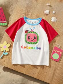 CoComelon X SHEIN Áo thun tay ngắn cổ tròn in họa tiết dưa hấu dễ thương cho bé trai mùa hè màu sắc hoạt hình tương phản - trắng - Xem 1