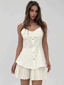 Aloruh 法式优雅荷叶边纽扣腰长吊带背心和纯色褶皱迷你裙 2 件套女士 - 白色 - 查看 4