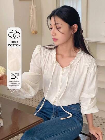 DAZY Women's Solid Color V-Neck Pleated Front Button Elegant Long Sleeve Shirt,Back To School Clothes Preppy Tops,Fall Women Clothes