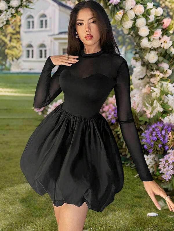 SHEIN Privé 女士优雅网眼闪光黑色修身派对礼服，浪漫时尚工作及场合礼服，适合派对、度假、返校、约会之夜、婚礼、生日 - 闪亮修身黑色挂脖连衣裙