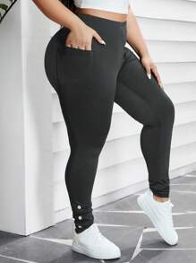 SHEIN Essnce Plus Size Casual Solid High Waist Leggings - Dark Grey - View 5