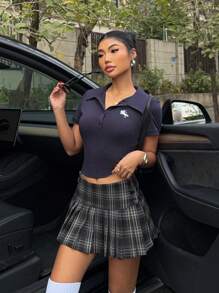 Muchica Áo thun ngắn tay thêu cổ polo màu xanh thường ngày cho nữ - Màu xanh lam - Xem 5