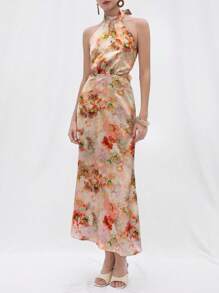 Aveloria 水彩花卉印花缎面浪漫优雅露背吊带镂空腰部设计女式连衣裙波西米亚风度假时尚风格全身印花夏季