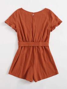 SHEIN LUNE Ruffle Trim Split Back Self Belted Romper - Burnt Orange - View 2