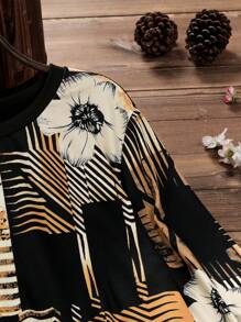 Mulvari Camiseta casual de manga larga con cuello redondo y estampado floral para tallas grandes - Multicolor - Ver 4