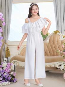 1pc Tween Girl Spring/Summer Double-Layer Organza Ruffle Trim Elegant Spaghetti Strap Jumpsuit - White - View 1
