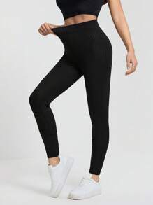 SHEIN Tall Solid Color Casual Sports Knitted Tight-Fitting High-Elastic Wide Ribbed Textured Leggings For Women - Black - View 7