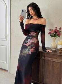 EastFlair 中国风扎染印花露肩复古连衣裙，适合女性，休闲短裙，夏季女装，生日女装，优雅礼服 - 紅色和黑色 - 查看 1