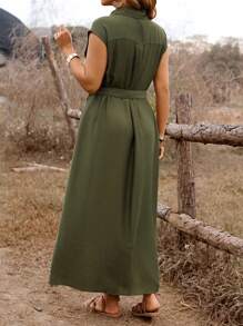 Franclia Plus Size Women's Spring/Summer Bohemian Music Festival Holiday Casual Shirt Collar V-Neck Drop Shoulder Long Dress, Cinched Waist With Woven Buttons Decor, A-Line Hem Side Slits