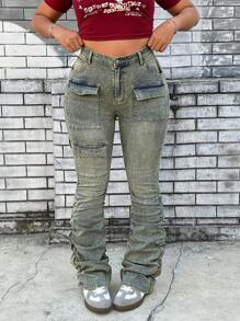 SHEIN EZwear Plus Size Cargo Vintage Pockets Skinny Jeans - Blue - View 1