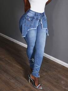 Slaydiva Street Style Patchwork 2 In 1 Skinny Jeggings For Women - Blue - View 4