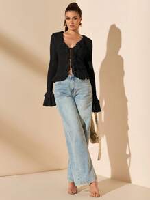 SHEIN BAE 杏色蕾丝上衣，系带细节，荷叶边下摆，甜美性感，适合春季、夏季、情人节、派对、约会、伴娘、通勤、生日 - 黑色 - 查看 5