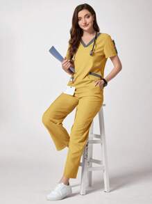 TaskEZ 2pcs Women's Contrast V-Neck Short Sleeve Pocket Top And Pants Scrub Uniform Set - Yellow - View 7