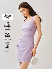 Uhlyne Vestido elegante de mujer con chaleco de lino tejido con volantes y cierre asimétrico - Púrpura polvoriento - Ver 9