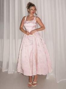 Relinas 早春新款女士方领蝴蝶结后绑带泡泡袖休闲派对中长连衣裙