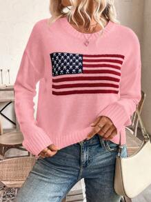 SHEIN LUNE Women's Casual American Flag Graphic Crew Neck Long Sleeve Sweater Knit Pullover Fall Winter - Pink - View 4