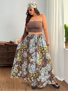 SHEIN EZwear Plus Size Summer Retro Holiday Floral Leopard Print Skirt - Brown - View 4