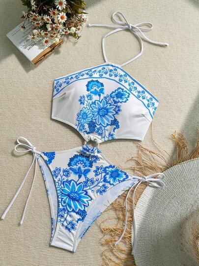 Soleia Easter Beach Outfits For Woman One Piece Bathing Suit 1pc Bohemian Beach Vacation Halter Print Round Ring Side Knot One-Piece Swimsuit Beach One Piece Swimsuit For Women Swim Suits Women Swimwear Women Summer Clothes