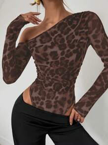 Almamuse Damen Mode Leoparden Muster Mesh Schulterfreie Langarm Bodys
