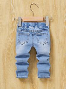 SHEIN Pantalones vaqueros de niño bebé de verano con bolsillo sólido y desgastado, verano - Lavado ligero - Ver 2