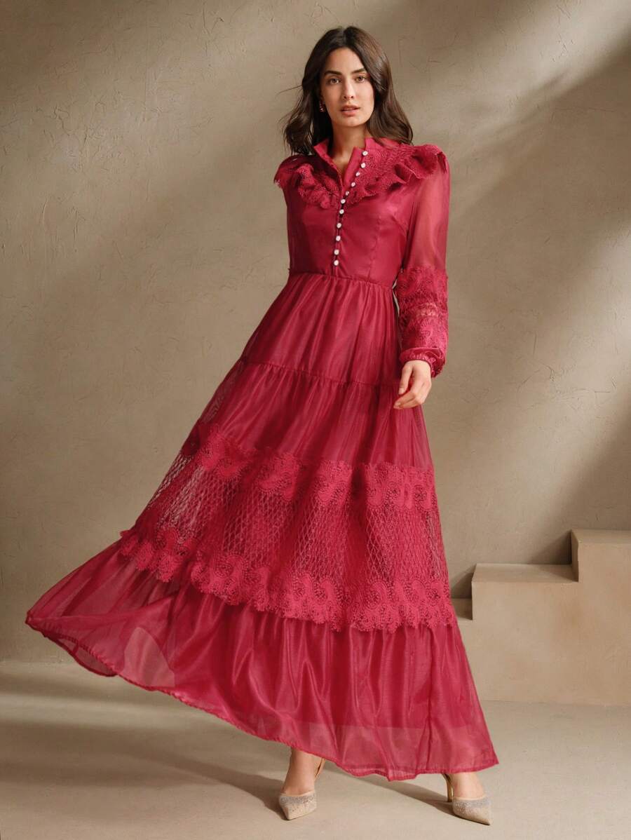 Anewsta Mid-Length Elegant Flower Embroidery Collar Dress For Women, Spring/Autumn - Red - View 1