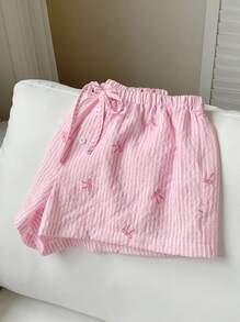 Comfortcana Summer Elegant Stripe Print Sweet Pink Bow Striped Low Waisted Elastic Shorts - Pink - View 5
