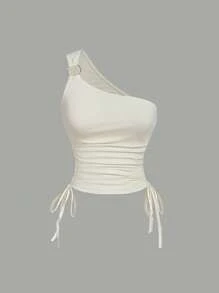 SHEIN MOD 金属光泽不对称领口上衣，侧边抽绳设计，方领，性感蕾丝，外出穿着，露肩，露背，透视，紧身女装 - 杏色 - 查看 1