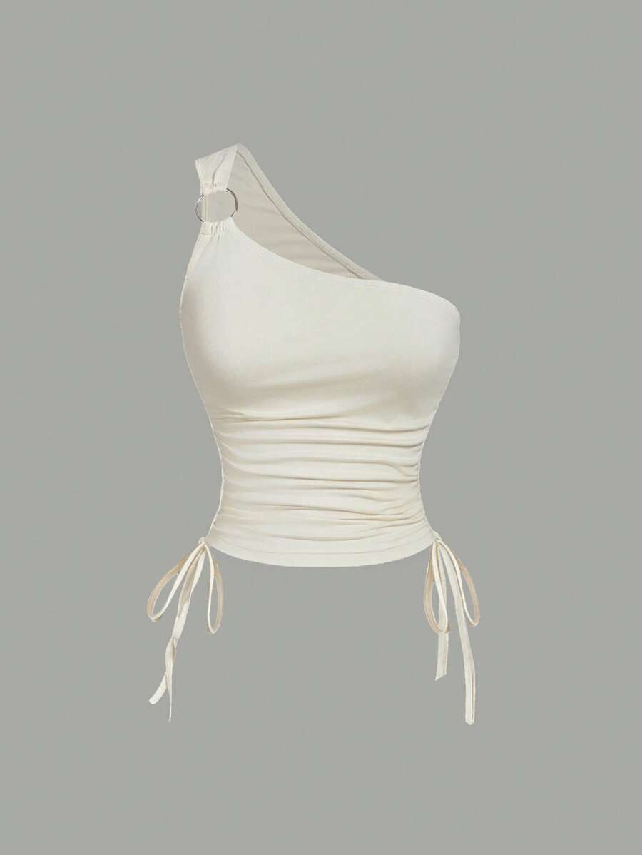 SHEIN MOD 金属光泽不对称领口上衣，侧边抽绳设计，方领，性感蕾丝，外出穿着，露肩，露背，透视，紧身女装 - 杏色 - 查看 1