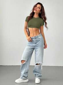 SHEIN PETITE Casual Simple Solid Color Round Neck Cropped Slim Fit Women's T-Shirt - Army Green - View 3