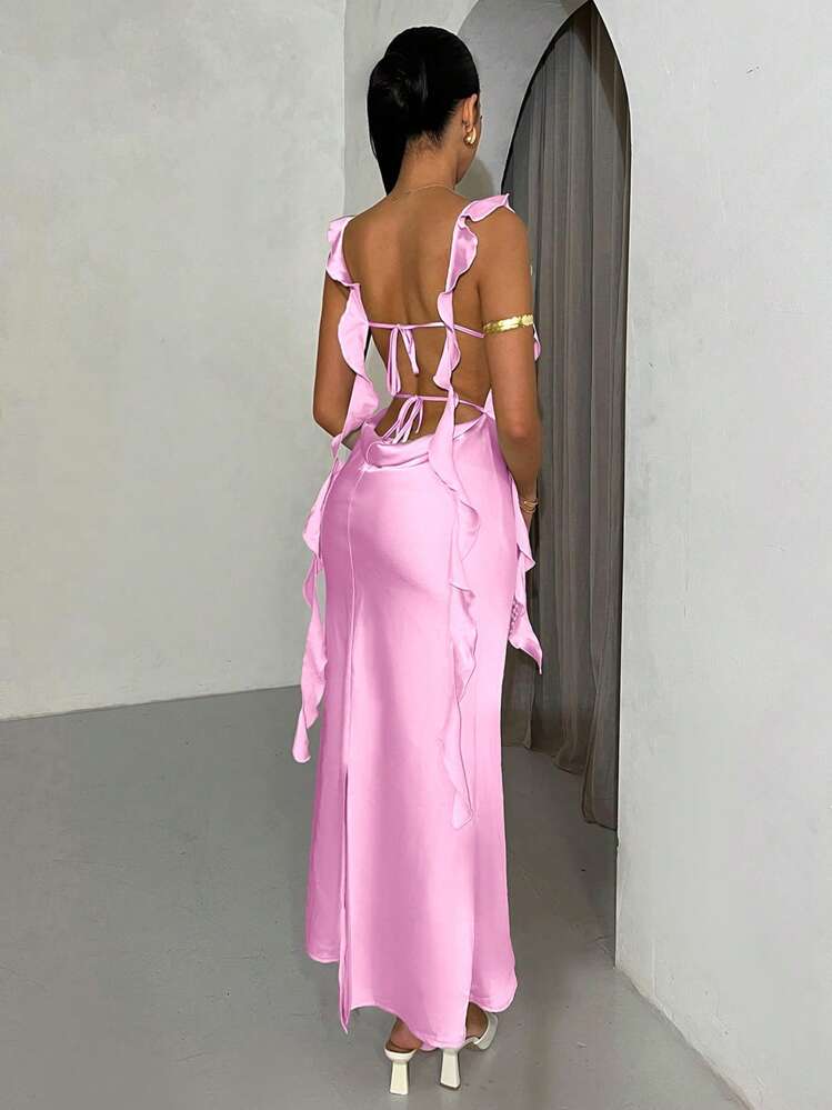 SHEIN BAE Women's Spaghetti Strap Backless Draped Neck Dress, Suitable For Vacation, Graduation, Wedding - Baby Pink - View 2