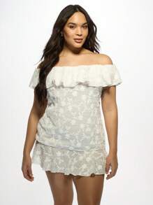MISSGUIDED PLUS Plus Size Off-Shoulder Ruffle Mini Dress Summer Vacation Beach Resort Wear Ruffled Bardot Neckline Semi-Sheer Flirty Evening Party Dress - White - View 1