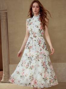 MOTF PREMIUM 花卉印花褶饰连衣裙 - 彩色 - 查看 5